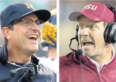  ?? GETTY IMAGES AND AP FILE PHOTOS ?? Michigan’s Jim Harbaugh, left, and Florida State’s Jimbo Fisher will match wits in the Orange Bowl at Hard Rock Stadium.