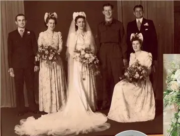  ??  ?? Marilyn Wightman gave a History Week talk at the Palmerston North Library on the wedding diaries of late florist Pat Mason.
Left: Marilyn Wightman’s parents, Joyce Workman and Colin Hopley, on their wedding day in 1944.
Right: A wedding portrait of Muriel and Walter Gates, and their bridal party, from the 1940s.