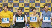  ?? — PTI ?? AAP leaders Sanjay Singh, Saurabh Bharadwaj, Atishi Singh and Jasmine Shah launch a website for the party’s campaign in New Delhi on Wednesday.