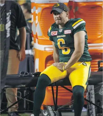  ?? JASON FRANSON/THE CANADIAN PRESS ?? Edmonton Eskimos kicker Sean Whyte was the latest member of the team to be relegated to the sidelines because of injury during Friday’s 37-26 win over the B.C. Lions.