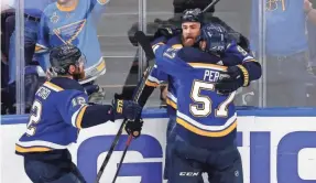  ?? BILLY HURST/USA TODAY SPORTS ?? Blues center Ryan O’Reilly celebrates after scoring in the third period Monday.