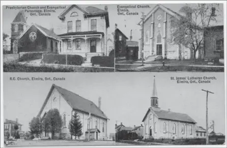  ?? PHOTOS FROM RYCH MILLS COLLECTION ?? W.D. Ludwig’s first multi-view postcard from early in the 20th century neglected the Methodist church and a second Lutheran church. However, on a later postcard he included both St. Paul’s Lutheran and the Methodist churches.
