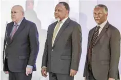  ??  ?? JOHANNESBU­RG: South African former presidents (from left) Frederik de Klerk, Kgalema Motlanthe and Thabo Mbeki pose during the National Foundation­s Dialogue initiative yesterday. — AFP