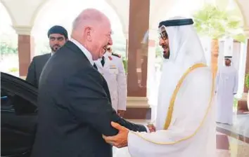  ?? WAM ?? Shaikh Mohammad Bin Zayed receives Sir Peter Cosgrove, Governor-General of Australia at Mushrif Palace in Abu Dhabi yesterday.
