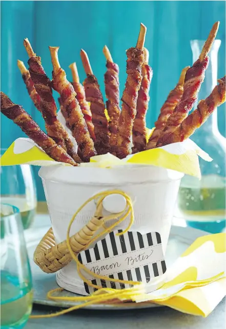  ??  ?? Sweet, salty and smoky, these easy-to-make bacon bites keep guests coming back for more.