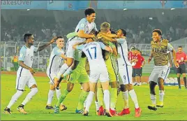  ?? SAMIR JANA/HT PHOTO ?? England players celebrate after beating Japan on penalties in Kolkata on Tuesday.