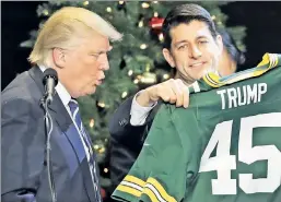 ??  ?? Who’s calling the plays? Trump and Speaker Paul Ryan at a thank-you rally.