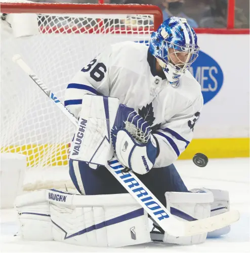  ?? MARC DESROSIERS / USA TODAY SPORTS ?? Jack Campbell, above, will be in goal when the Leafs play their final exhibition game against the Senators on Saturday night, and it’s expected that he and Petr Mrazek will split the team’s first two regular-season games.