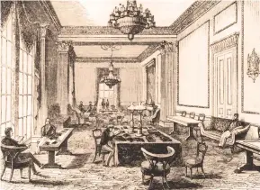  ??  ?? Below: gentlemen reading in the drawing room of the Carlton Club in Pall Mall, dated circa 1856