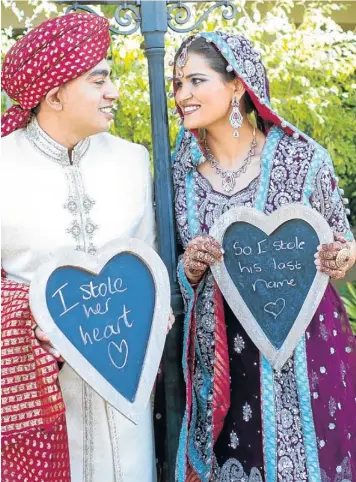  ??  ?? HEARTS SPEAK: Taimeia and Naadir Bismilla after their traditiona­l Muslim wedding ceremony in Boksburg, Gauteng