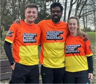  ?? ?? Romesh Ranganatha­n, who is a patron of Calm, with two of the mental health charity’s other runners, Natalie Clements and Luke Remfry