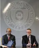  ??  ?? ‘We are so sorry that this happened,’ said university president Michael Drake, left, during a news conference with provost Bruce McPheron. Photograph: Jay LaPrete/ AP