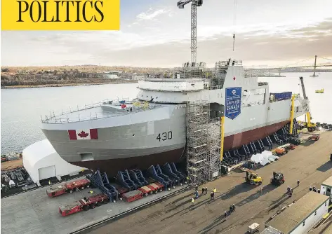  ?? THE CANADIAN PRESS/HO/IRVING SHIPBUILDI­NG INC. ?? The Royal Canadian Navy’s first Arctic and offshore patrol ship, the future HMCS Harry DeWolf, is assembled at Irving Shipbuildi­ng’s Halifax Shipyard. The Defence Department needs another $54 million, on top of $39 million already requested, to examine...