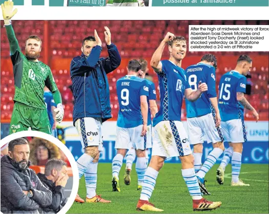  ??  ?? After the high of midweek victory at Ibrox, Aberdeen boss Derek Mcinnes and assistant Tony Docherty (inset) looked shocked yesterday as St Johnstone celebrated a 2-0 win at Pittodrie