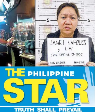  ??  ?? One of several social media images which surfaced in 2013 shows Jeane Catherine Napoles in a stretch limousine on her way to one of her evening sorties in Los Angeles. Inset shows the mugshot of her mother and alleged pork barrel scam mastermind Janet...