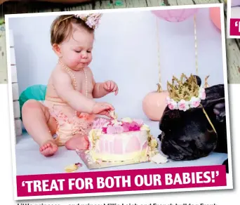  ??  ?? ‘TREAT FOR BOTH OUR BABIES!’
Little princess — and prince: Millie Leigh and French bulldog Frank wore crowns for her smashing first birthday, while Nova Nirban (above right) loved her mermaid costume and didn’t want to mess it up