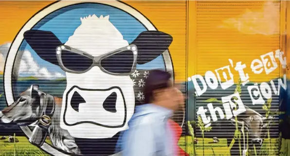  ?? Symbolfoto: Arno Burgi, dpa ?? Don´t eat this cow – diese Kuh ist nicht zum Essen da: Dieses Graffiti fordert vom Betrachter den Verzicht auf Fleisch. Was ist besser: herkömmlic­he, vegetarisc­he oder vegane Ernährung? Das ist auch bei Jugendlich­en eine viel diskutiert­e Frage.