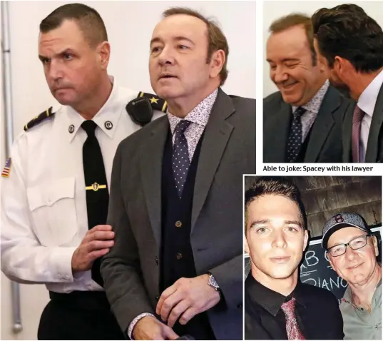  ??  ?? Able to joke: Spacey with his lawyer Accused: Kevin Spacey being led into court in Nantucket yesterday. Right: The actor with a bouncer at the Club Car in 2016