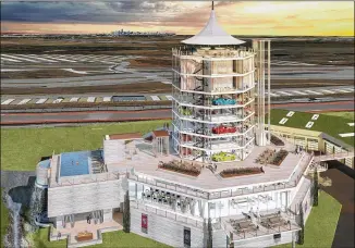  ?? BERCY CHEN STUDIO ?? A rendering shows a proposed car club tower at Austin’s Circuit of the Americas. Kamran Nezami’s plans include a proposed $350M residentia­l developmen­t and auto club. Condo owners would get a membership to an exclusive car club with access to a fleet of 40 luxury sport cars housed in the tower.