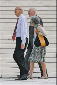  ?? AP/PABLO MARTINEZ MONSIVAIS ?? Retired Supreme Court Justice Anthony Kennedy (left) walks outside the Supreme Court building Tuesday with Justice Stephen Breyer and Breyer’s wife, Joanna Hare. Kennedy attended the court’s session as new Justice Brett Kavanaugh took his place on the bench.