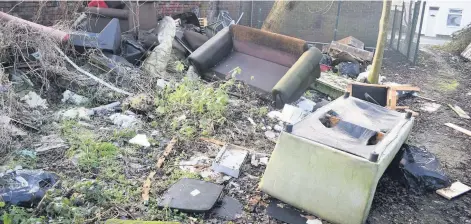  ??  ?? Residents have been urged to report fly-tipping to Halton Borough Council after a huge pile of waste was dumped on vacant land off South Road in Weston Point, Runcorn