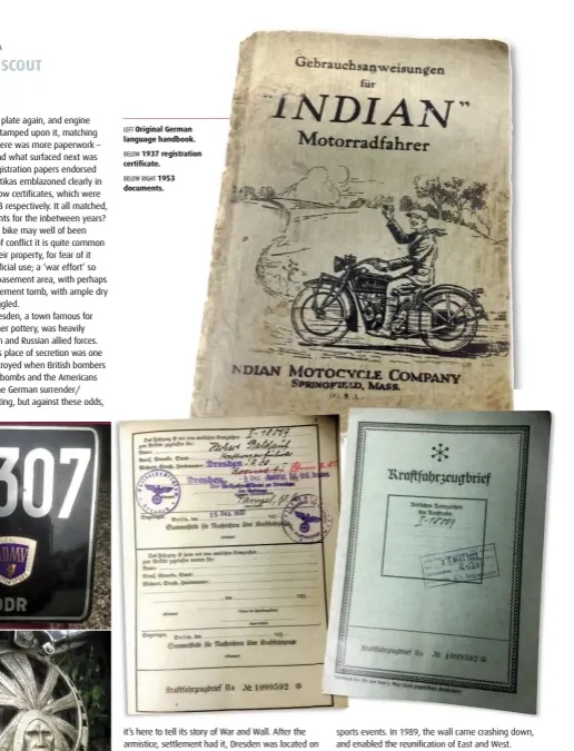  ??  ?? LEFT Original German language handbook. BELOW 1937 registrati­on certificat­e. BELOW RIGHT 1953 documents.