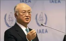  ?? AP PHOTO/RONALD ZAK ?? In this March 6, file photo, Director General of the Internatio­nal Atomic Energy Agency, IAEA, Yukiya Amano of Japan speaks in Vienna, Austria. The top U.N. official monitoring Iran’s nuclear program, Yukiya Amano on Thursday, rejected Tehran’s claim...