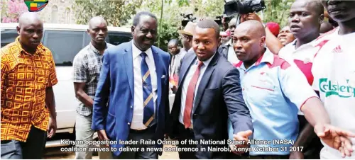  ??  ?? Kenyan opposition leader Raila Odinga of the National Super Alliance (NASA) coalition arrives to deliver a news conference in Nairobi, Kenya October 31 2017