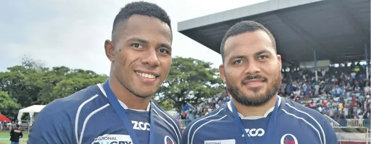 ?? Photo: Waisea Nasokia ?? Queensland Country’s (left-right) Filipo Daugunu and Kirway Sanday after the National Rugby Championsh­ip final at Churchill Park, Lautoka on October 27, 2018.