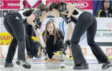  ?? — THE CANADIAN PRESS ?? Rachel Homan, centre, and her Ottawa rink will square off against Winnipeg’s Jennifer Jones in the women’s final of the Canada Cup Sunday in Brandon.