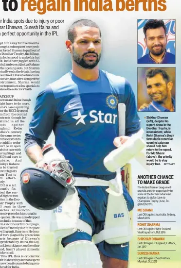  ?? GETTY & PTI ?? Shikhar Dhawan (left), despite his superb show in the Deodhar Trophy, is inconsiste­nt, while Rohit Sharma’s (top) formidable record as opening batsman should help him return to the squad. For Md Shami (above), the priority would be to stay injuryfree.