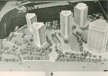  ??  ?? 1971 model of a plan by the Four Seasons Hotel chain for a $40 million Coal Harbour developmen­t.