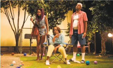  ?? Jessica Palopoli / San Francisco Playhouse ?? “Barbecue” views a saga of addiction through two lenses. From one of the families: Marie (Kehinde Koyejo, left), Adlean (Edris Cooper-Anifowoshe) and James T (Adrian Roberts).