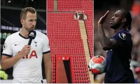  ??  ?? Harry Kane is interviewe­d by NBC Sports after Spurs’ Premier League match against Aston Villa; an empty Anfield in April; Michail Antonio of West Ham whose sleeve sponsor went into administra­tion last week.