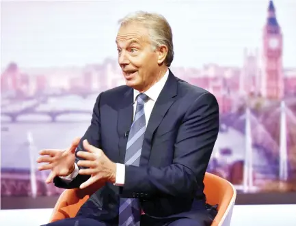  ??  ?? Former British Prime Minister Tony Blair speaks during a BBC show in London on Sunday. (Reuters)