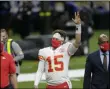  ?? BRETT DUKE- THE ASSOCIATED PRESS ?? Kansas City Chiefs quarterbac­k Patrick Mahomes (15) waves as he walks off the field after an NFL football game against the New Orleans Saints in New Orleans, Sunday, Dec. 20, 2020. The Chiefs won 32-29.