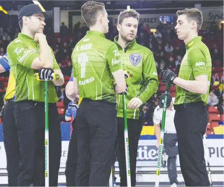  ?? JONATHAN HAYWARD/CP FILES ?? Kirk Muyres, third from left went to last year’s Brier with Dallan Muyres, Kevin Marsh and Daniel Marsh.
