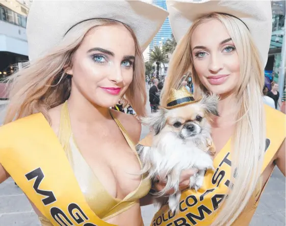  ?? Picture: MIKE BATTERHAM ?? Meter Maids Felicia Aden (right), and her dog Boss, and Camille Shakespear­e were turning heads in Surfers Paradise this week.