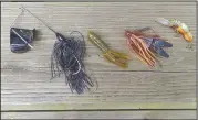  ?? NWA Democrat-Gazette/FLIP PUTTHOFF ?? Effective lures for catching river smallmouth bass include a buzz bait (from left), tube bait, jig and pig, small crawdad crank bait.