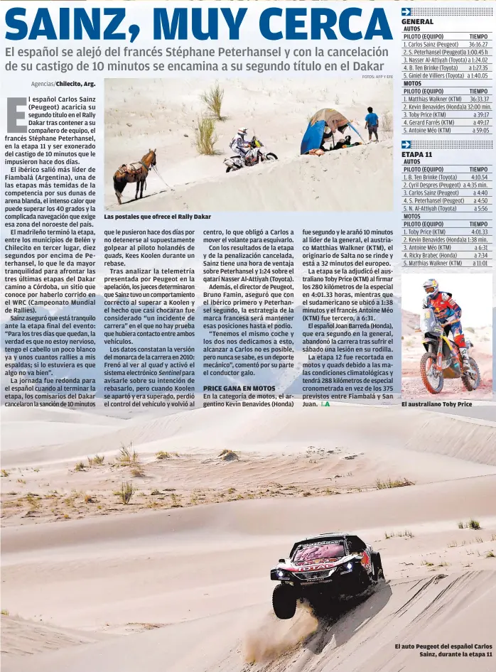  ??  ?? Arg. Las postales que ofrece el Rally Dakar El australian­o Toby Price El auto Peugeot del español Carlos Sainz, durante la etapa 11