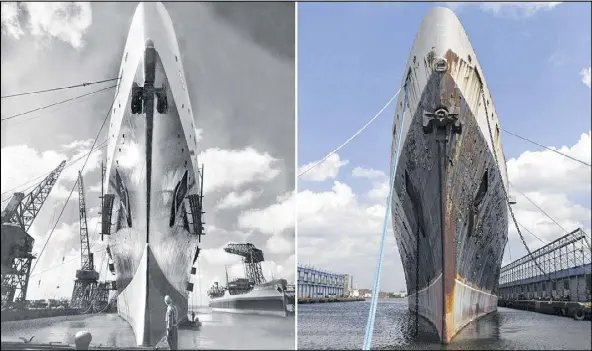  ?? NEW YORK TIMES ?? The bow of the SS United States during its glory days after outfitting at Newport News Shipbuildi­ng in Virginia in 1951 (left), and as seen in 2014 in Philadelph­ia. A preservati­onist group has managed to save the vessel from being scrapped in the past, but is now short on funds.