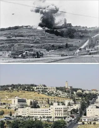  ?? PHOTOS: REUTERS ?? Then and now . . . A combinatio­n picture shows Arab legion positions under fire to clear way for Israeli units to take over the hills surroundin­g the Jerusalem’s Old City during the 1967 Middle East War, in this Government Press Office handout photo,...