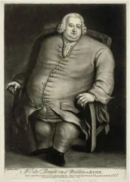  ??  ?? LEFT: Eward Bright, the 18th century “fat man of Maldon”. BELOW: Bright’s waistcoat commemorat­ed in a bronze relief.