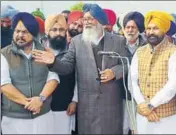  ?? HT PHOTO ?? Former Punjab chief minister Parkash Singh Badal addressing a rally in Kolianwali village on Wednesday.