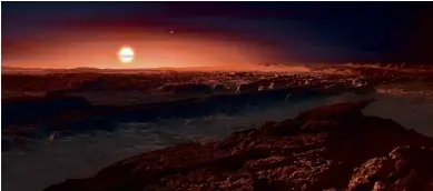  ??  ?? ABOVE: An artist’s impression of the surface of the rocky planet Proxima b, subject to intense radiation and powerful solar winds.