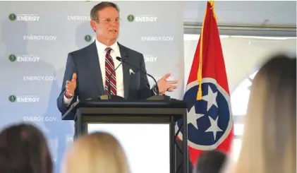  ?? STAFF PHOTO BY MATT HAMILTON ?? Tennessee Gov. Bill Lee speaks at the former site for the K-25 uranium enrichment facility in Oak Ridge, Tenn., on Tuesday.