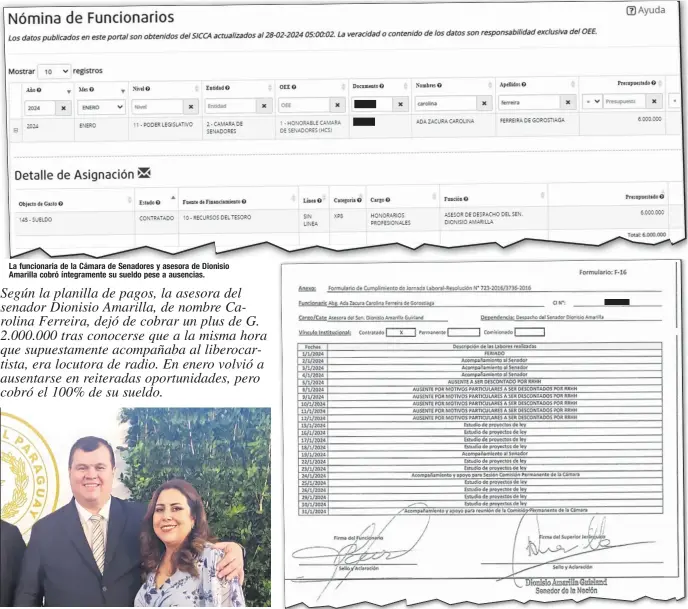  ?? ?? La funcionari­a de la Cámara de Senadores y asesora de Dionisio Amarilla cobró íntegramen­te su sueldo pese a ausencias.
Dionisio Amarilla, senador liberocart­ista, y su asesora Carolina Ferreira.
Los registros oficiales de RR.HH. de la Cámara de Senadores reportan varias ausencias de la funcionari­a asesora.