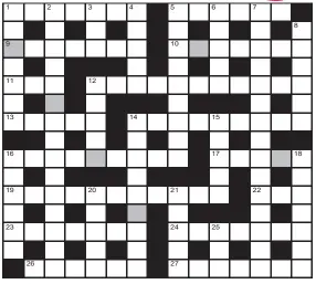  ?? ?? FOR your chance to win, solve the crossword to reveal the word reading down the shaded boxes. HOW TO ENTER: Call 0901 293 6233 and leave today’s answer and your details, or TEXT 65700 with the word CRYPTIC, your answer and your name. Texts and calls cost £1 plus standard network charges. Or enter by post by sending completed crossword to Daily Mail Prize Crossword 16,926, PO Box 28, Colchester, Essex CO2 8GF. Please include your name and address. One weekly winner chosen from all correct daily entries received between 00.01 Monday and 23.59 Friday. Postal entries must be date-stamped no later than the following day to qualify. Calls/texts must be received by 23.59; answers change at 00.01. UK residents aged 18+, excl NI. Terms apply, see Page 64.
