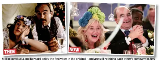  ??  ?? Still in love: Lydia and Bernard enjoy the festivitie­s in the original – and are still relishing each other’s company in 2019 THEN NOW