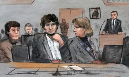  ??  ?? In this courtroom sketch, Dzhokhar Tsarnaev, center, is depicted during his federal death penalty trial in Boston, Massachuse­tts, on 5 March 2015. Photograph: Jane Flavell Collins/AP